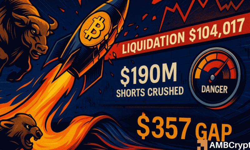 Whale faces $190M Bitcoin liquidation as BTC surges within $357 of wipeout price